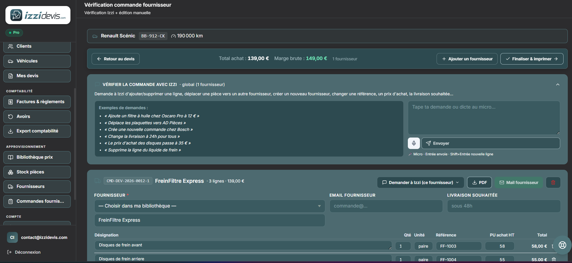 Bon de commande fournisseur genere par IZZI DEVIS