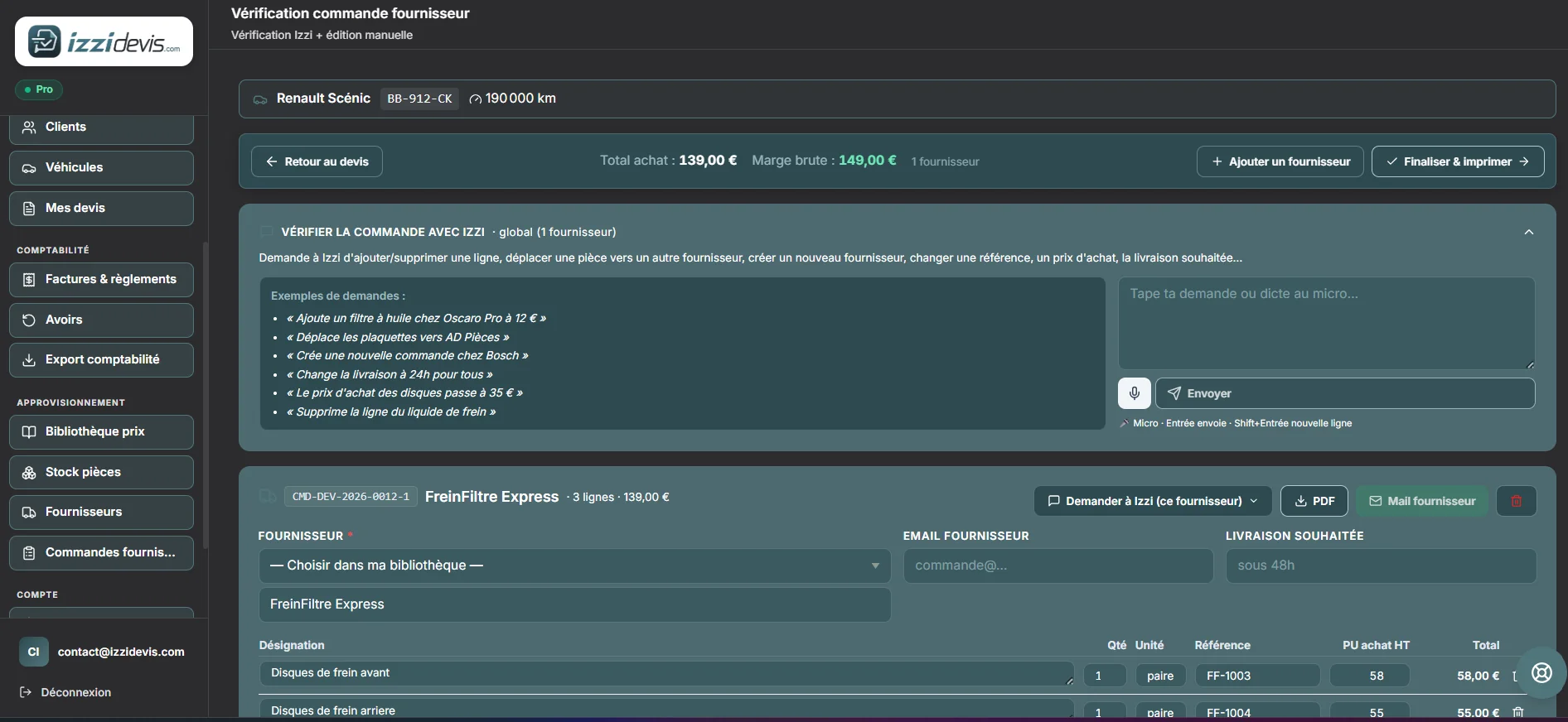 Bon de commande fournisseur genere par IZZI DEVIS