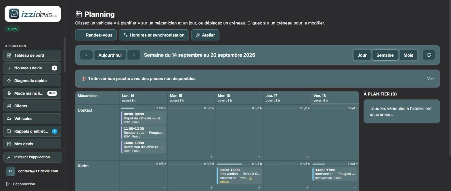 Planning de l'atelier par mecanicien dans IZZI DEVIS