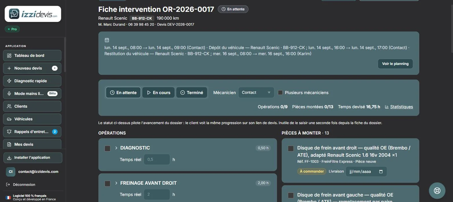 Fiche d'intervention atelier dans IZZI DEVIS