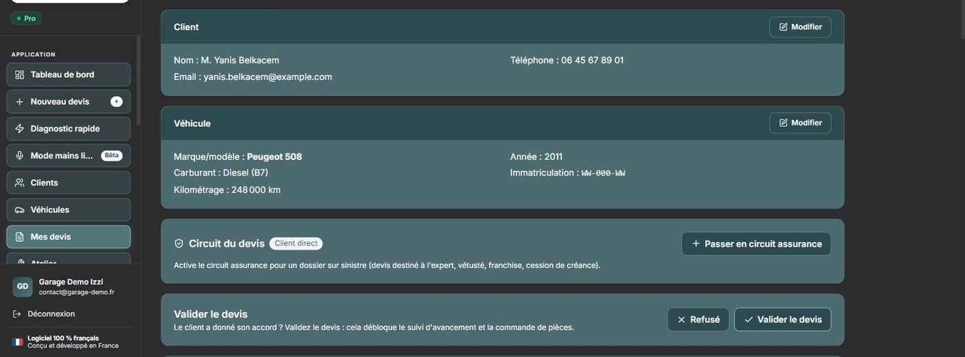 En-tête du dossier : client, véhicule, circuit du devis