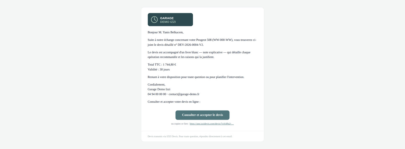 E-mail reçu par le client, à l'en-tête du garage