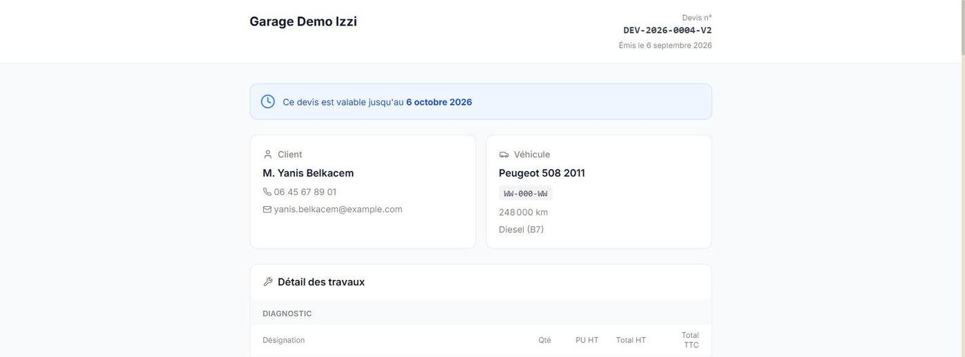 Page du devis vue par le client