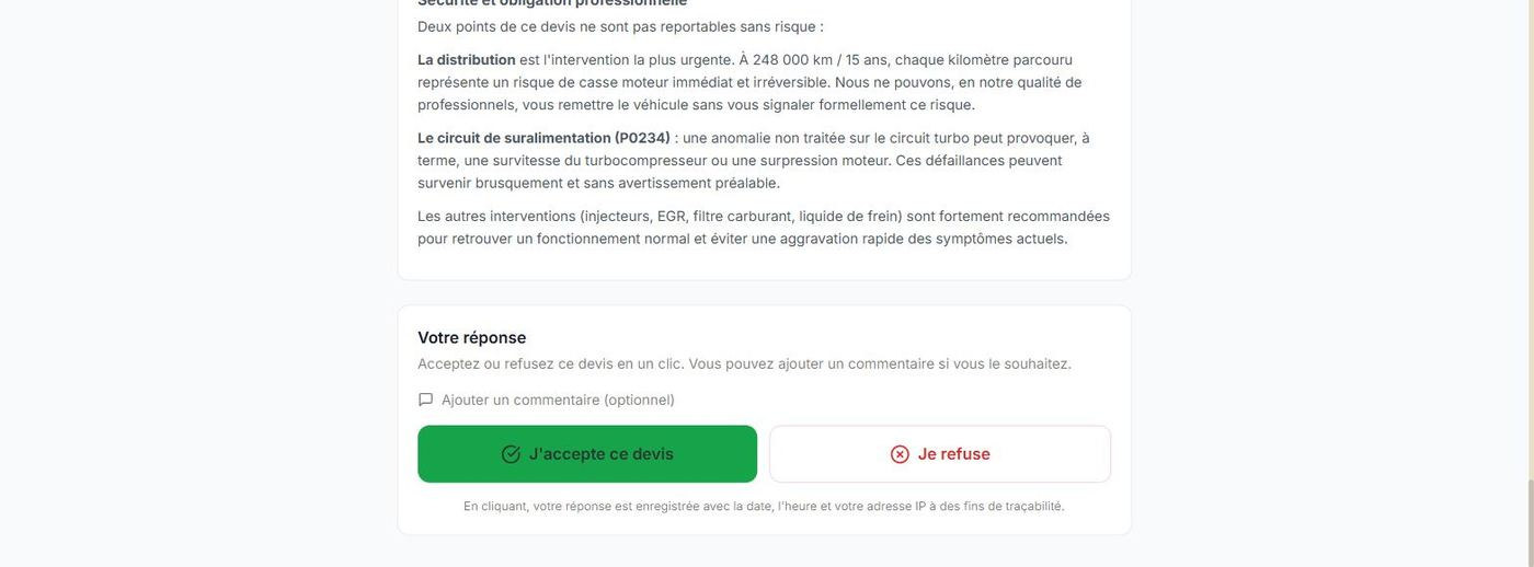 Boutons J'accepte ce devis et Je refuse