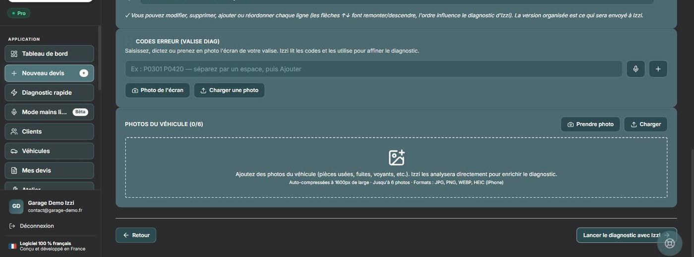 Saisie des codes défaut et ajout de photos du véhicule