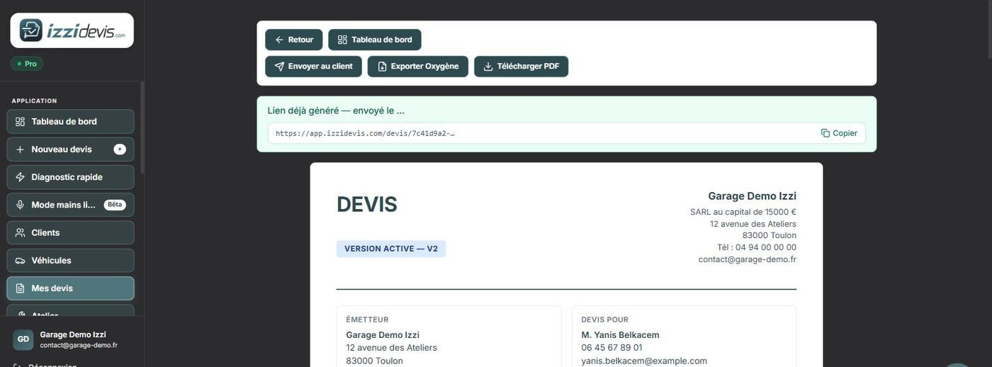 Bouton Envoyer au client et lien de validation généré