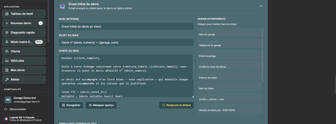 Modèle d'e-mail modifiable avec ses variables